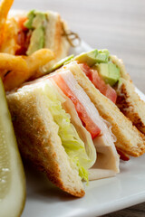 A closeup view of a club sandwich.