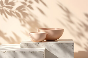 Two light pink ceramic bowls on textured concrete blocks with leaf shadows beige
