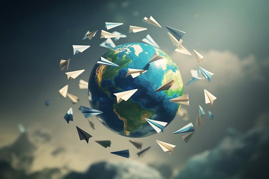 Paper airplanes circle the globe symbolizing travel and connectivity in a dynamic, hopeful scene