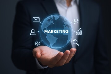 Digital Marketing Strategy: Businessman Holding Holographic Globe Displaying Communication and Growth Icons for Business Success