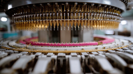 Close view of a circular knitting machine with needles forming pink fabric in a modern factory
