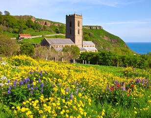 Colorful wildflowers bloom in front of a church on a cliff overlooking the ocean