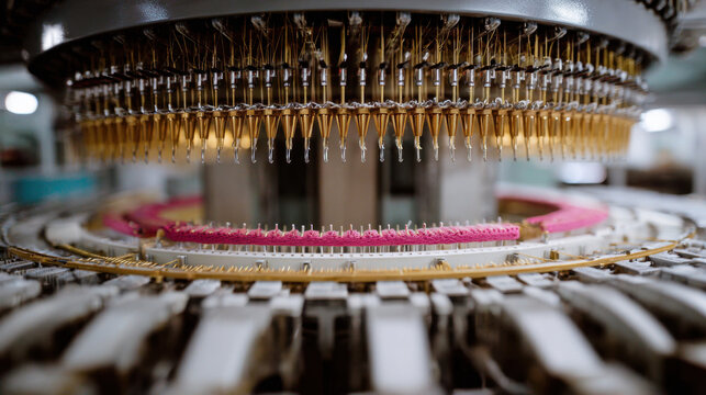 Close view of a circular knitting machine with needles forming pink fabric in a modern factory