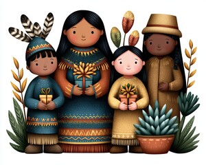 Fototapeta premium Creative Thanksgiving Family and Holiday Table Compositions A diverse group of people showcasing traditions and unity through colorful attire. Thanksgiving Season Theme