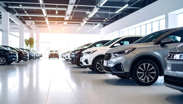 Modern Car Dealership Interior New Vehicles Lined Up with Showroom, and Lifestyle.