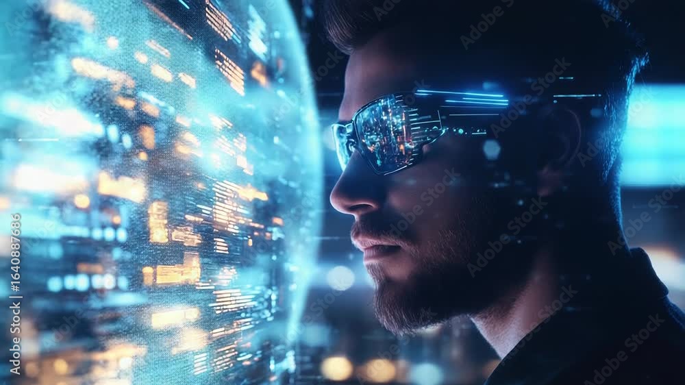 Aufkleber software engineer wearing futuristic glasses analyzing big data in augmented reality