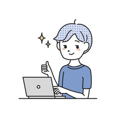 パソコンの前でサムズアップをする男性