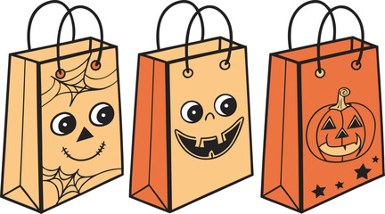 Three festive halloween trick or treat bags featuring a spider web face a jack o lantern face and a pumpkin with stars