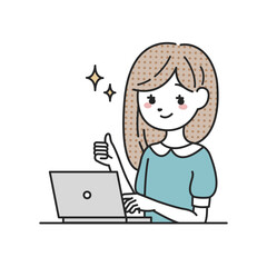 パソコンの前でサムズアップをする女性