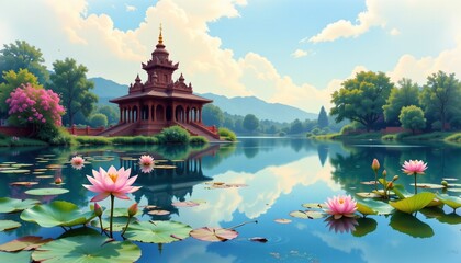 watercolor lotus pond with indian temple reflection