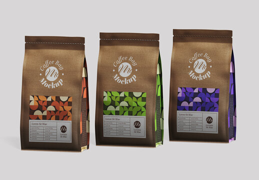 Three Prespective View Coffe Bags Mockup