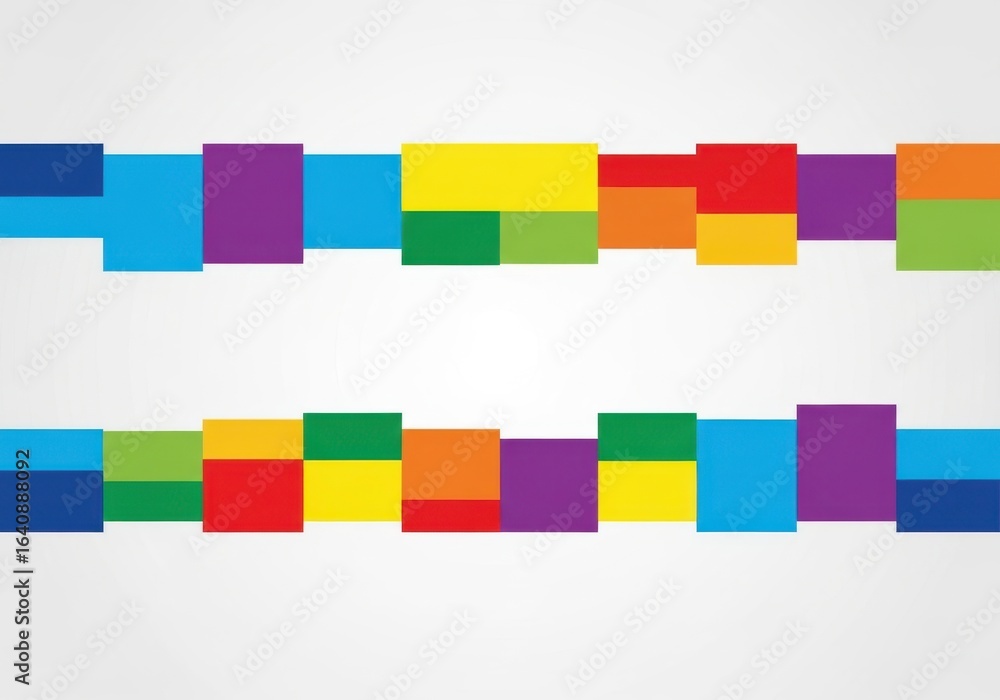 Poster dynamic arrangement of multicolored geometric rectangles on white backdrop