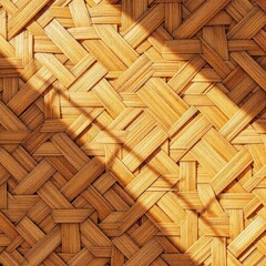 A close up of woven wooden strips forming a textured pattern with shadows creating depth and detail