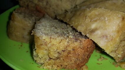 Close up shot of banana sponge cake.