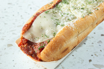 A view of a meatball sub.