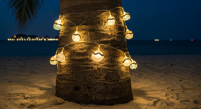 Palm tree trunk wrapped with glowing string lights on a sandy beach at night, with ocean and buildings in the background.