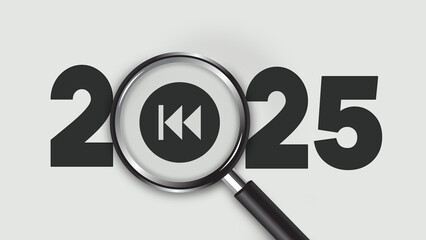 Minimalist graphic of bold black "2025" with a magnifying glass highlighting the word "rewind symbol" in the digits. Light gray background, symbolizing review, summary, and yearly reflection.