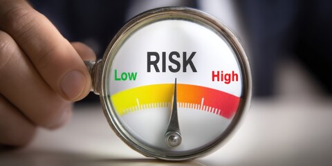 Risk assessment gauge indicating levels of risk from low to high in a business context