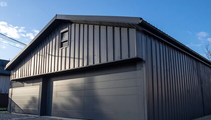 Modern Grey Garage Building with Metal Siding and Doors with Exterior View, and Blue Sky.