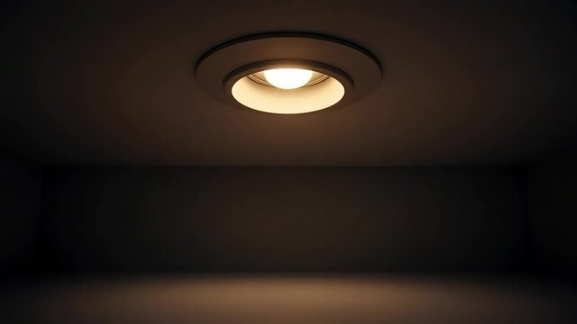 Illuminated recessed ceiling light fixture in an empty room with neutral colored walls and floor