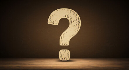 3d question mark, question mark on a blackboard, Large beige question mark symbol stands on wooden surface. Brown warm textured background, dramatic lighting. Illustration reflects questions in busine