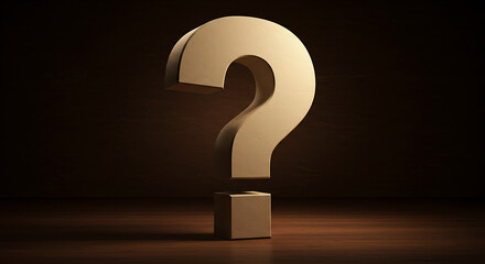3d question mark, question mark on a blackboard, Large beige question mark symbol stands on wooden surface. Brown warm textured background, dramatic lighting. Illustration reflects questions in busine