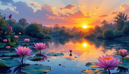 watercolor lotus pond and sunrise, indian legend
