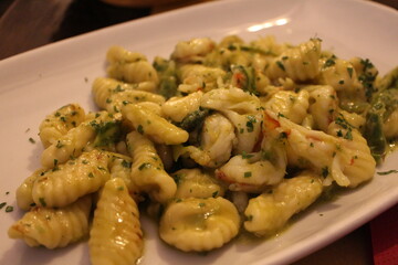 Sicilian cuisine: casarecce with prawns and asparagus in Venice, Italy