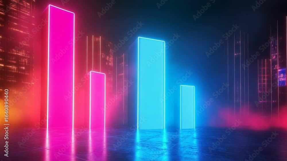 Aufkleber glowing neon bar graph chart showing increasing data in futuristic cityscape
