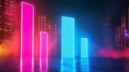 Glowing neon bar graph chart showing increasing data in futuristic cityscape - Powered by Adobe