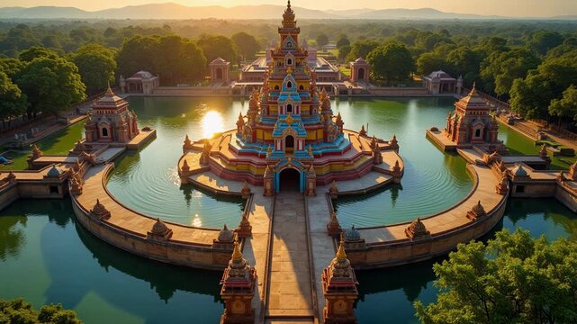 Stunning aerial drone flight over Ranganathaswamy Temple Srirangam showcasing vibrant gopurams, sacred pond, and intricate enclosures under bright sunlight.