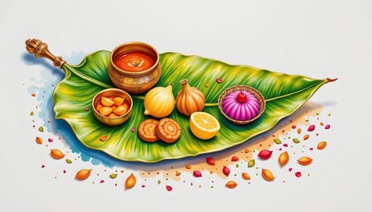 watercolor banana leaf thali with sweets, indian custom