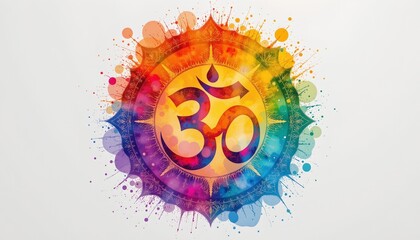 watercolor om symbol with sun rays, indian spirituality
