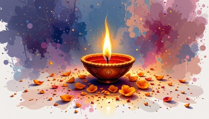watercolor diya flame and marigold petals, indian belief
