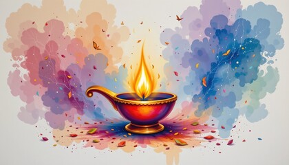 watercolor vedic lamp with gold rim, indian faith