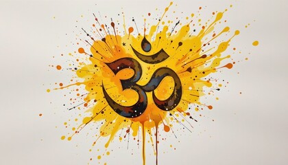 watercolor om symbol on yellow splash, indian art