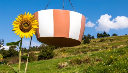 Obraz premium Striped planter hanging above a field of wildflowers and a sunflower.