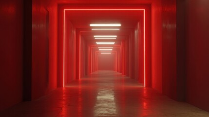 Fototapeta premium Mysterious red-lit corridor with glowing lines and fog, creating an eerie atmosphere in a spacious modern setting