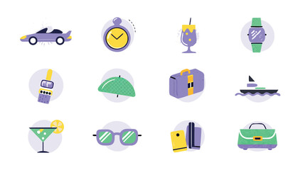 Collection of vacation themed icons including car clock cocktail and other travel essentials items