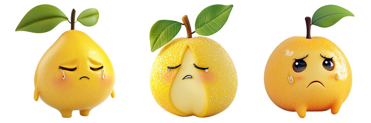 Set of cute quince with crying face isolated on a transparent background