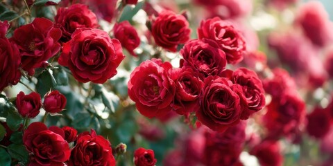 Vibrant red roses bloom in a beautiful garden during sunny spring days, showcasing nature's delicate artistry and colors
