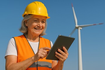 Fototapeta premium Elderly female engineer in a yellow hard hat and orange safety vest smiling while using a tablet at a wind farm under a bright blue sky.