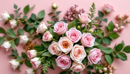 a florist arranging a bouquet of roses, flat style, soft pink and green palette.