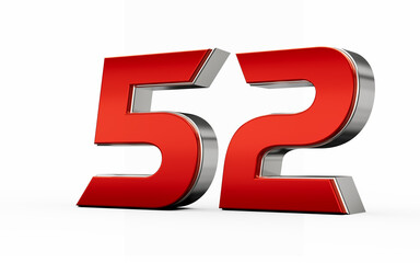 Metallic Red number 52 or Fifty two with silver edges stands on a white background. 3d illustration