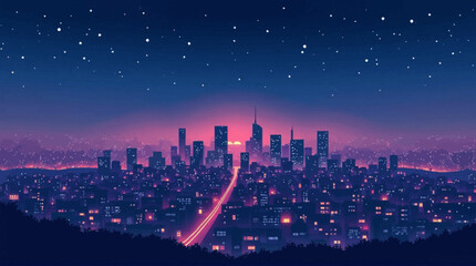 Fototapeta premium A stylized, nighttime cityscape view with a vibrant color palette and a starry sky.
