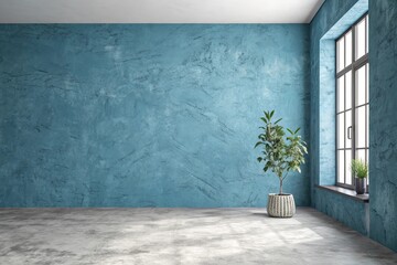 Empty room with textured blue wall and large window with plant