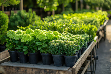 Various pots filled with lush green plants and blooming flowers are displayed on wooden carts at a garden center during sunny afternoon