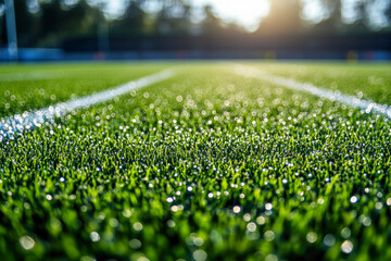 Naklejka premium Morning sunlight creates a beautiful sparkle on fresh dewdrops resting on synthetic grass at a sports complex