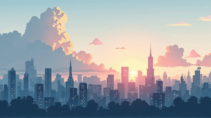 Fototapeta premium A cityscape silhouette at sunset with tall buildings, trees, and large, fluffy clouds in a pastel sky.