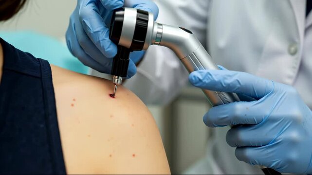 Dermatologist removing mole with cryotherapy device. Medical style. Skin cancer prevention concept. Clinic services, melanoma awareness, screening campaigns, insurance, pharmacy materials, copy space